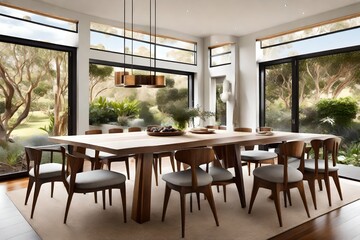 Australian dining room with a blend of contemporary and rustic elements, featuring a large wooden table and panoramic windows overlooking the garden