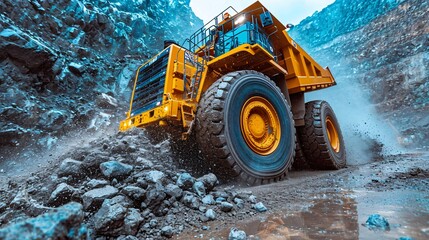 Yellow Monster Truck Crushing Rocks in the Mud Generative AI