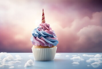 cupcake with unicorn horn decoration on background - obrazy, fototapety, plakaty