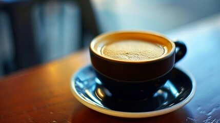 A cup of aromatic coffee in the interior. Bar, cafe, restaurant. The coffee cup is on the table. Coffee mood. Wallpaper.