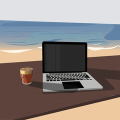 Laptop and coffee on the table. On the beach. Freelancing