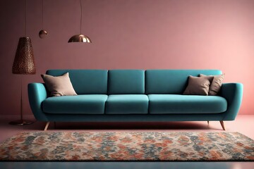 Stylish sofa and carpet on color background.-