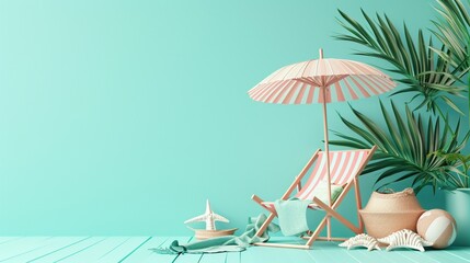 Sale banner with deck chair with umbrella and beach accessories on pastel background