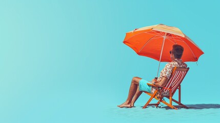 Man sitting on deck chair with beach umbrella, on isolate blue background - obrazy, fototapety, plakaty