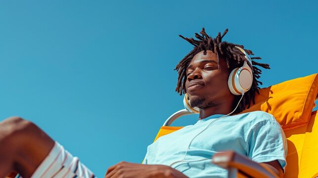 Young man sitting on beach chair relaxing on isolated blue background