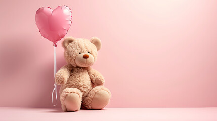 Fluffy brown teddy bear with a pink heart balloon , a perfect cuddly gift for Happy Valentine's Day copy space
