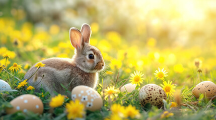 Happy Easter day Bunny surrounded by colorful eggs in a lush green field,  joy of the holiday season with nature's beauty and playful wildlife