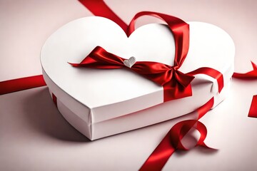 monochromatic red background. A white heart shaped gift box is prominently displayed wrapped with an elegant red ribbon tied into a bow.-