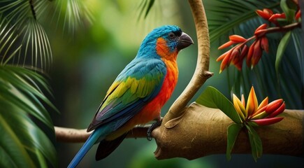 colored beautiful bird sitting on the tree in the jungle, colored wild bird, colored wild bird sitting on the branch of tree in jungle