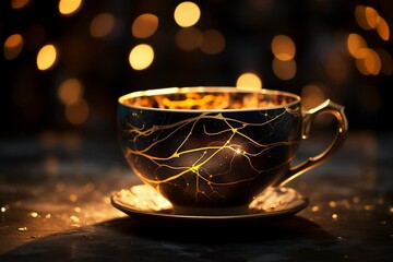 Elegant kintsugi tea cup shines on black backdrop with captivating bokeh ambiance.