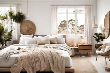 Australian bedroom with a neutral color palette, luxurious bedding, and subtle coastal-inspired decor, creating a serene and comfortable retreat