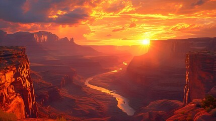 A canyon bathed in the warm hues of a sunset, with rugged cliffs and a winding river creating a...