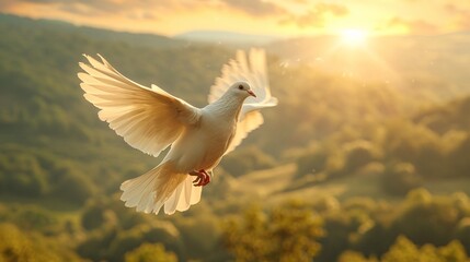 Soaring Skies: A White Dove Flies Over a Sunlit Hillside Generative AI
