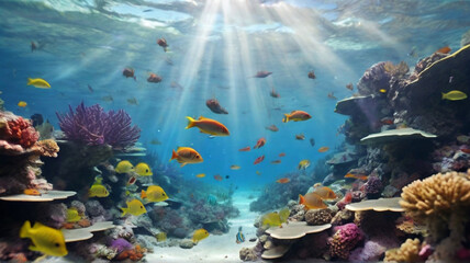 Obraz na płótnie Canvas Majestic view of colorful tropical underwater with lots of fishes and coral reefs ,microbial diversity of Pacific ocean under sun rays, clean untouched ecosystem.