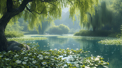 A serene pond surrounded by weeping willows, their branches gracefully dipping into the water, creating a picture of tranquility.  - obrazy, fototapety, plakaty