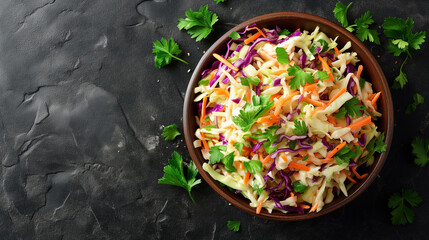 Top down view of a plate with coleslaw with creamy dressing on a dark texture background - obrazy, fototapety, plakaty