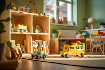 Nursery interior. Wooden toys in children's room. Kids playroom
