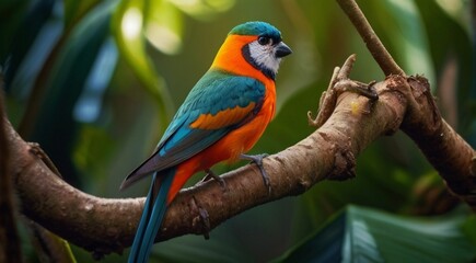colored beautiful bird sitting on the tree in the jungle, colored wild bird, colored wild bird sitting on the branch of tree in jungle - obrazy, fototapety, plakaty