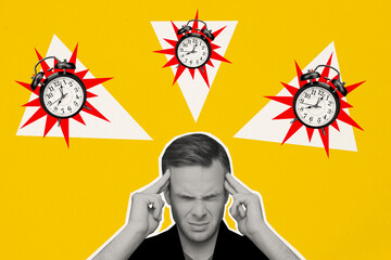 Creative collage picture of black white colors guy fingers touch temples headache bell ring clocks...