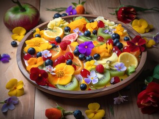 A colorful fruit salad with a variety of sliced fruit and edible flowers arranged on a light wood background. Sweet Food Photography