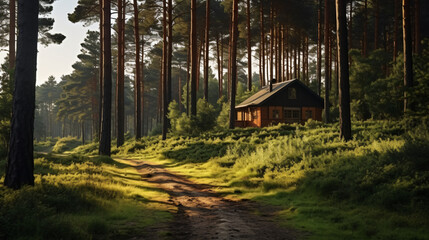 Small wooden house in a pine forest forest road