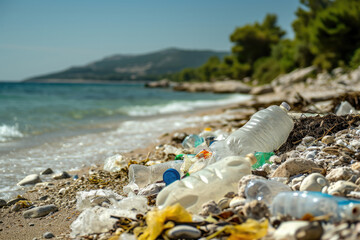 Fototapeta na wymiar Plastic water bottles and bags floating in ocean landscape, spilled garbage microplastics covering on beach, pollution problem concept, Unhealthy environment problem.