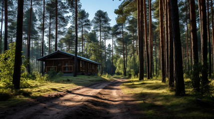 Small wooden house in a pine forest forest road
