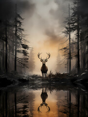 Elk In The Fog Print, A Deer Standing In A Forest