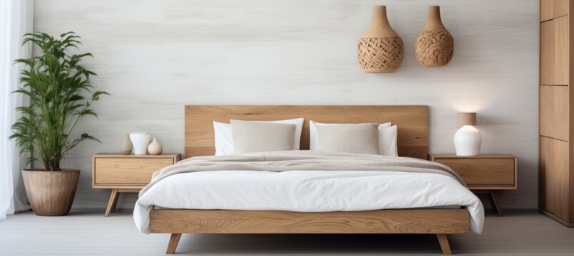 Bedroom interior. Wooden frame and decoration. Generative AI technology.