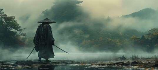 Samurai with katana sword. Fictional character. Generative AI technology. - obrazy, fototapety, plakaty