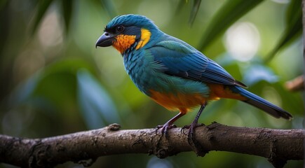 colored beautiful bird sitting on the tree in the jungle, colored wild bird, colored wild bird sitting on the branch of tree in jungle