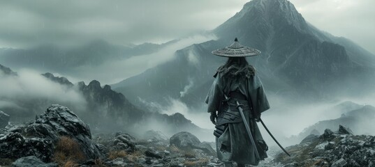 Samurai warrior on his journey. Fictional character. Generative AI technology.	
