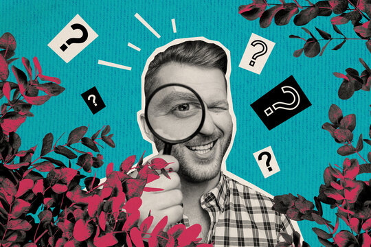 Composite photo collage of funny cunning tricky man look in enlarge glass from bush investigate secret isolated on creative background - Powered by Adobe