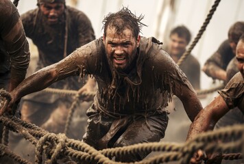 Obraz premium man sports. Mud and rope obstacle course exercise in the roof