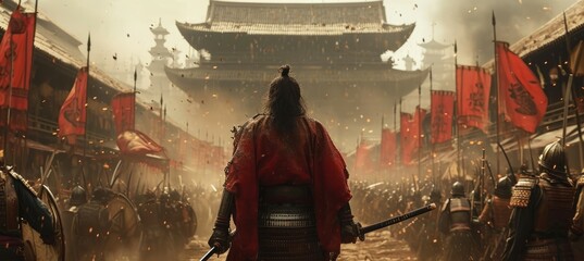 Samurai on ancient street. Fictional character. Generative AI technology.	
 - obrazy, fototapety, plakaty