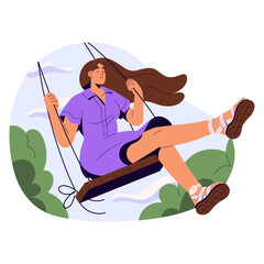 Happy girl rides on swing outdoors. Calm young woman chill, relax in park. Person rests on nature in summer. Life harmony, inspiration concept. Flat isolated vector illustration on white background