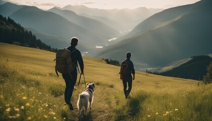 A man and a dog hiking in beautiful mountain landscape, man with tourist backpack hiking on spring with his dog
