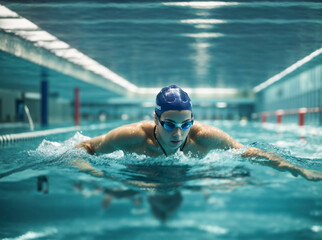 Person swimming Freestyle. Under water shoot of a person swimming freestyle in olympic pool