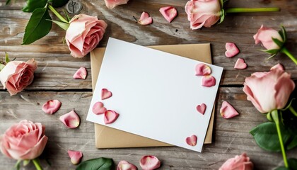 Mockup for a greeting card. Blank greeting card on a table with flowers. Valentine's Day, Birthday, Happy Women's Day, Mother's Day. Stylish invitation card layout, postcard, frame or banner template. - obrazy, fototapety, plakaty