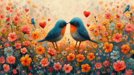 poppies and the flowers  in the field with two birds kissing for valentine's day - obrazy, fototapety, plakaty