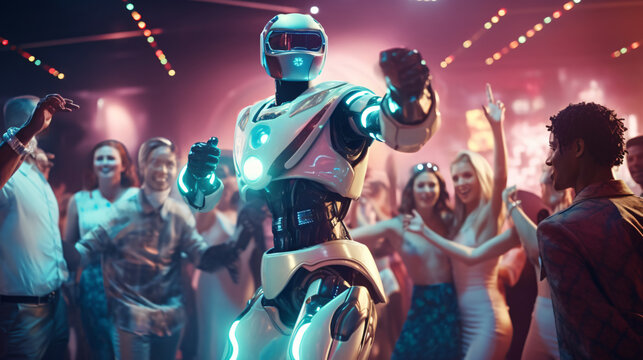 Space suited party goer with modern robotic dance