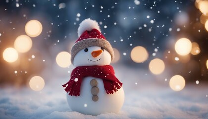 Christmas winter background with snowman in snow and blurred bokeh background
