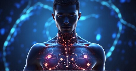 Digital composite of highlighted human body with glowing brain against blue abstract background