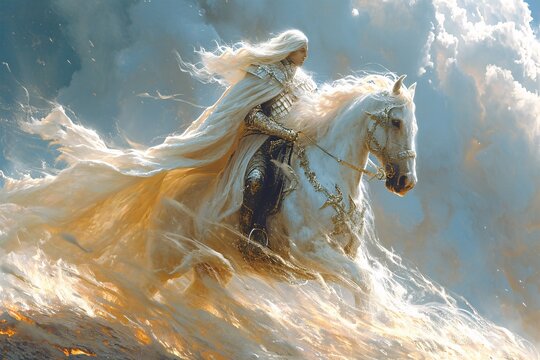 Fantasy Rider: A Knight in White Armor on a White Horse Generative AI