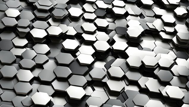 3d rendering of abstract metallic hexagons background in black and white. Generative AI © Usman