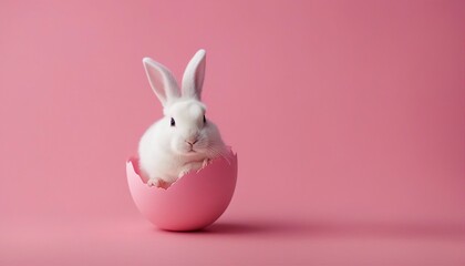 Cute Easter bunny hatching from pink Easter egg isolated on pastel pink background
 - obrazy, fototapety, plakaty
