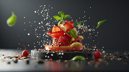 delicious fresh food and seasoning with water splash on plate, studio shoot food