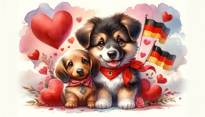 Fototapeta na wymiar A charming watercolor concept illustration for Valentine's Day, featuring a cute couple of puppies with a German theme 04