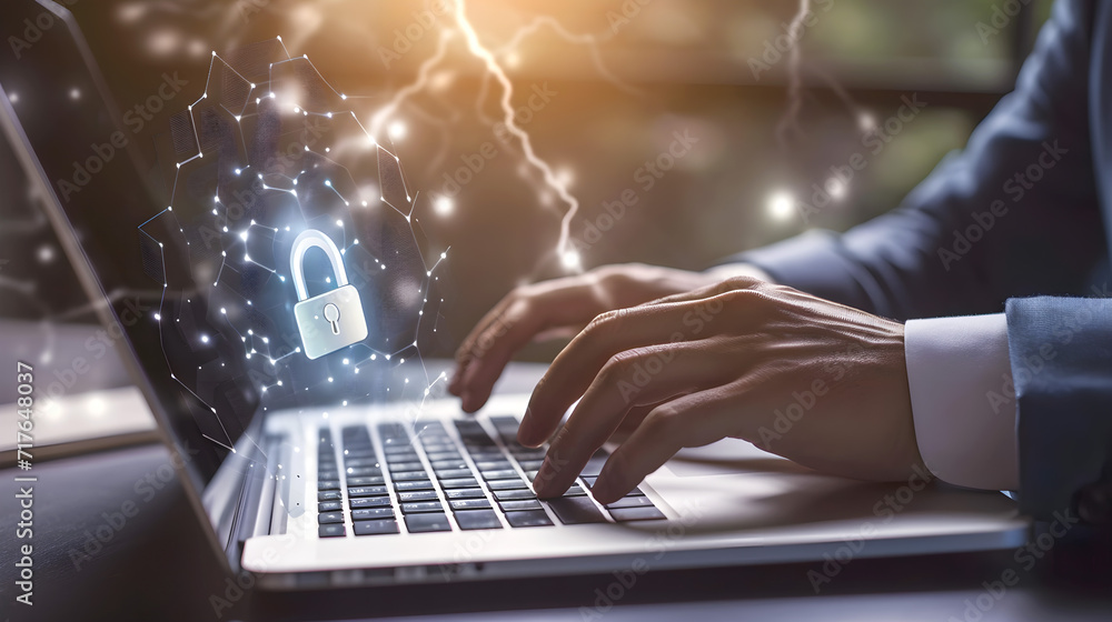 Aufkleber businessman using laptop with digital padlock on internet technology networking. cybersecurity. blur