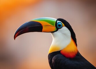 Naklejka premium Portrait of Toucan bird. Costa Rica wild Tucan. isolated orange background 